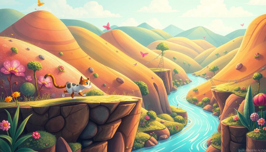 A colorful and dynamic platformer game scene featuring a playful cat protagonist against a vibrant, hand-drawn background. The cat navigates through a whimsical, lush landscape filled with rolling hills, serene rivers, and fantastical plant life. Warm, soft lighting illuminates the scene, creating a dreamlike atmosphere. The cat's movements are animated with fluid, expressive motions, showcasing its agility and charm. The overall composition is carefully balanced, drawing the viewer's eye towards the cat's engaging expressions and the game's enchanting visual style. The section title "شاندار گرافکس اور دلکش موسیقی" is subtly reflected in the game's stunning graphics and captivating soundtrack.