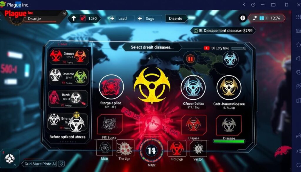 A detailed and realistic simulation of the Plague Inc. game interface, showcasing various disease types and their unique characteristics. Crisp digital display with clean UI elements, including data visualizations and interactive controls. The foreground features the game's main menu, allowing the user to select different disease types. The middle ground depicts the disease spreading mechanism, with animated vectors and pathogenic imagery. The background subtly blends futuristic technology with ominous biohazard motifs, conveying the high-stakes, global scale of the pandemic simulation. Rendered in a semi-photorealistic style with appropriate lighting, depth of field, and a sense of immersion, capturing the essence of the Plague Inc. APK experience.