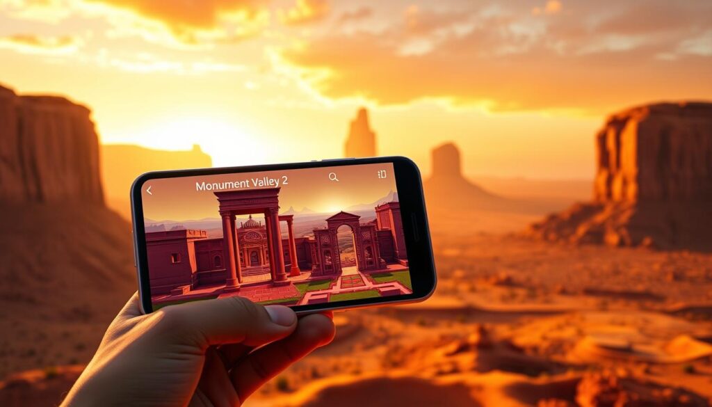 A detailed, awe-inspiring depiction of the Monument Valley 2 game app download process. The frame shows the iconic sandstone formations of Monument Valley in the background, bathed in warm, golden desert light. In the foreground, a smartphone display showcases the Monument Valley 2 app interface, with vibrant colors and intricate architectural designs characteristic of the game. The composition emphasizes the seamless integration of technology and the stunning natural landscapes that define the game's essence. The overall mood is one of wonder, exploration, and the harmony between the digital and the physical world.