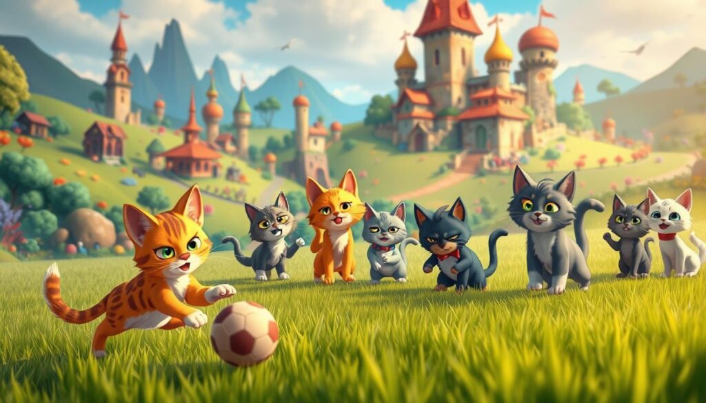 A diverse ensemble of vibrant cat characters engaging in a whimsical game world. In the foreground, a mischievous feline protagonist dribbles a ball across a lush, verdant field, its playful expression captured in soft, warm lighting. In the middle ground, a cast of charming cat sidekicks and opponents, each with its own unique personality and stylized features, compete for the ball or cheer on the action. The background depicts a fantastical landscape of rolling hills, towering structures, and colorful flora, creating a captivating, storybook-like atmosphere. The overall scene conveys a sense of joy, adventure, and the endearing camaraderie of these feline game characters.