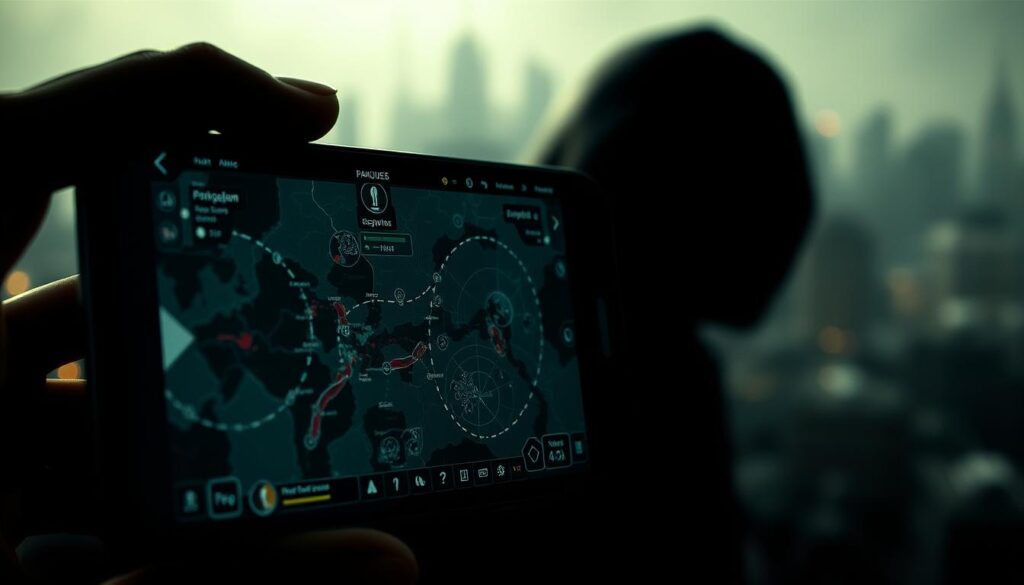 A gritty, dystopian scene of the mobile game "Plague Inc." in action. In the foreground, a close-up view of a smartphone screen displaying the gameplay, with detailed maps, statistics, and ominous pathogen icons. The middle ground features a shadowy figure, presumably the player, hunched over the device, their face obscured by the device's glow. In the background, a blurred cityscape shrouded in a hazy, ominous atmosphere, conveying the sense of a world on the brink of a pandemic. The lighting is moody, with deep shadows and highlights that emphasize the gravity of the situation. The overall tone is one of tense, immersive gameplay and the looming threat of global disaster.