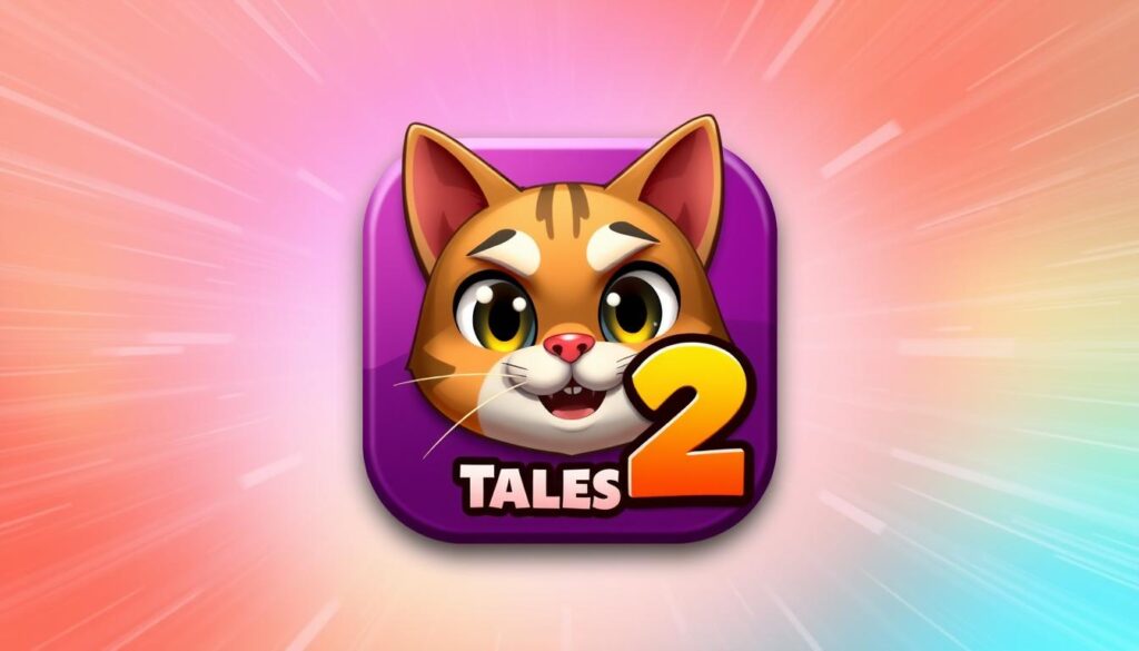 A high-resolution, photorealistic image of the "Super Cat Tales 2" mobile game app icon on a vibrant, gradient background. The icon is prominently displayed in the center, showcasing the game's playful cat character with large, expressive eyes and a mischievous expression. The background features a dynamic blend of warm, saturated tones, creating a sense of energy and excitement. The overall composition is balanced and visually striking, drawing the viewer's attention to the app icon and evoking the game's theme of adventure and feline antics.