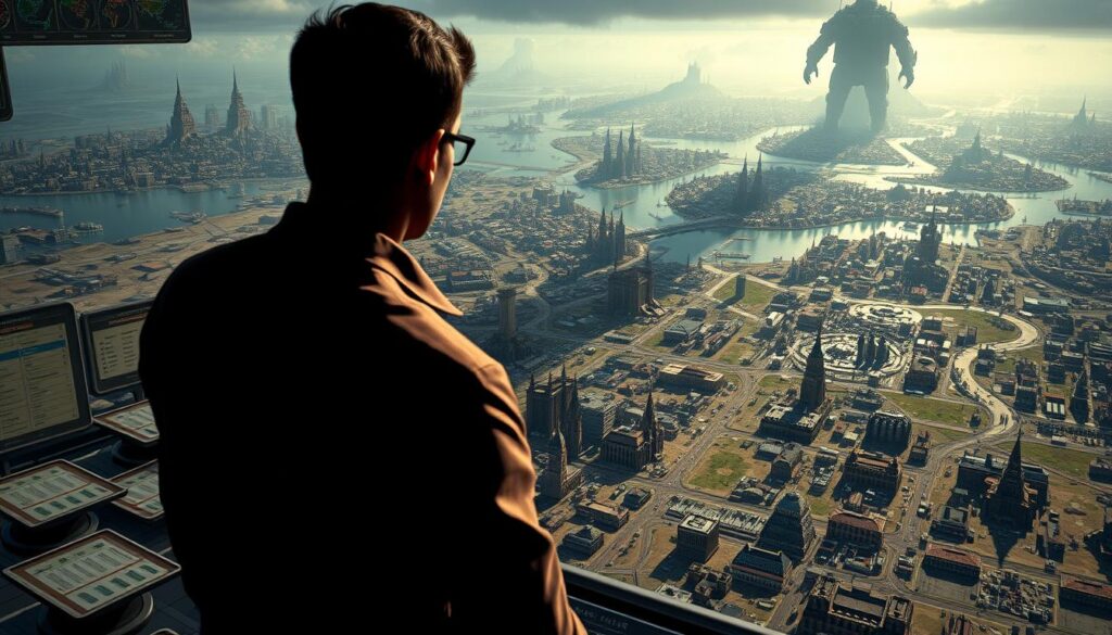 A high-stakes strategy simulation game set in a vast, interconnected world. In the foreground, the player's character surveys a complex network of menus, charts, and decision-making tools, immersed in the intricate planning and resource management required to outsmart a relentless, infectious threat. The middle ground depicts a stylized, top-down view of the game map, with sprawling cities, transportation hubs, and research facilities that the player must carefully navigate and control. In the distant background, a ominous, looming presence - the ever-evolving plague that threatens to overwhelm the player's carefully crafted defenses. Dramatic lighting casts long shadows, heightening the sense of tension and urgency as the player races against time to devise the ultimate winning strategy.