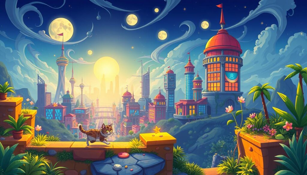A lush, vibrant 2D platformer game scene set in a whimsical, feline-inspired adventure world. In the foreground, a playful, cartoon-style cat character navigates a colorful, pixel-art landscape, hopping between platforms and collecting shiny objects. The middle ground features an imaginative, stylized cityscape with towering skyscrapers, neon-lit streets, and bustling activity. The background depicts a magical, dreamlike skyscape with swirling clouds, glowing moons, and a sense of ethereal wonder. The lighting is warm and inviting, casting a golden glow over the entire scene. The overall atmosphere conveys a sense of excitement, exploration, and charming adventure, perfectly capturing the essence of a delightful Android platformer game.