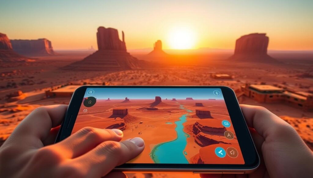 A serene, expansive vista of the iconic Monument Valley landscape, with its towering sandstone buttes and mesas casting long shadows under a warm, golden sunset sky. In the foreground, a mobile device displays the vibrant, immersive gameplay of Monument Valley 2, its elegant, minimalist user interface and touch-based interactions seamlessly blending with the natural environment. The camera perspective offers a balanced composition, highlighting the harmony between the digital and physical realms, inviting the viewer to embark on an enchanting journey through this mesmerizing virtual world.