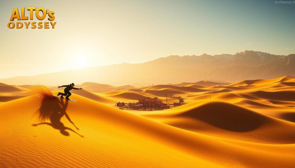A serene landscape of rolling sand dunes, bathed in warm, golden sunlight. In the foreground, the silhouette of a snowboarder leaps effortlessly over a dune, their board carving graceful arcs through the air. In the middle ground, a village of adobe buildings nestled among the dunes, with palm trees swaying gently in the breeze. In the distance, a majestic mountain range rises up, its peaks capped with snow. The scene exudes a sense of tranquility and adventure, perfectly capturing the essence of the "Alto's Odyssey" endless runner game.