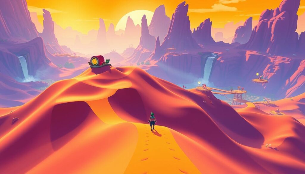 A serene, mystical landscape set in the world of Alto's Odyssey, with vibrant colors and a sense of tranquility. In the foreground, a player character glides effortlessly over the sand dunes, exploring the intricate pathways and secret shortcuts. The middle ground features various interactive elements, such as ramps, boosts, and score multipliers, hinting at the game's depth and progression. The background showcases the breathtaking vistas of the Odyssey, with towering rock formations, shimmering waterfalls, and a vibrant, golden sky that creates a sense of wonder and adventure. The overall atmosphere evokes a sense of peaceful exploration and the joy of mastering the game's mechanics.