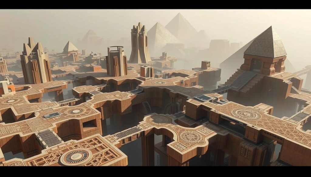 A surreal, otherworldly architectural landscape where geometric shapes and forms interlock in a mesmerizing puzzle-like arrangement. In the foreground, a series of interconnected, floating platforms and pathways in muted tones of beige, ochre, and terracotta, with intricate patterns and intricate details. In the middle ground, towering, angular structures in shades of gray and white, their sharp edges and clean lines creating a sense of symmetry and balance. The background is shrouded in a hazy, dreamlike atmosphere, with distant, pyramid-like forms disappearing into the mist, hinting at the vastness and mystery of this enigmatic realm. Soft, diffused lighting casts long shadows, adding depth and dimension to the scene.