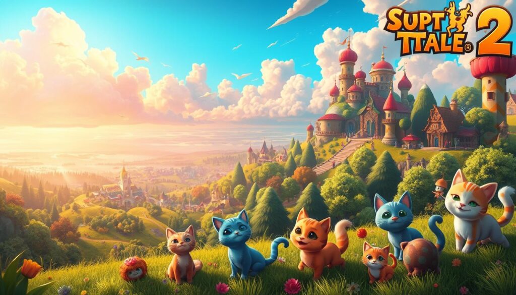 A vibrant and diverse fantasy world of Super Cat Tales 2 APK, with a serene and enchanting atmosphere. In the foreground, a group of playful feline protagonists engage in whimsical adventures, their vibrant fur and expressive features conveying a sense of joy and wonder. The middle ground reveals a sprawling landscape, with lush forests, rolling hills, and fantastical structures that blend seamlessly with the natural environment. In the background, a breathtaking sky filled with colorful clouds and a warm, golden light, creating a sense of tranquility and mysticism. The scene is bathed in a soft, diffused lighting, highlighting the rich textures and details of the environment, and the overall composition conveys a sense of exploration, discovery, and the endless possibilities within this captivating digital world.