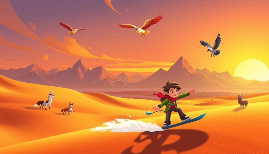A vibrant, whimsical scene depicting the playful cast of characters from the game Alto's Odyssey. In the foreground, Alto the adventurer snowboards gracefully through a vast desert landscape, with Izel the fox and Mika the lemur by his side. In the middle ground, Laika the llama and Heron the owl soar overhead, their wings outstretched against a striking sunset sky. In the background, the majestic mountains of the Sandsea region rise up, their peaks bathed in warm, golden light. The overall mood is one of exploration, wonder, and the joy of discovery, capturing the essence of Alto's Odyssey's captivating world.