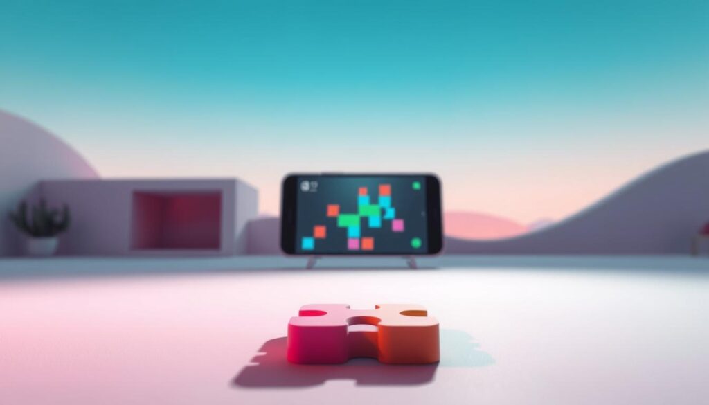 A visually captivating puzzle game set against a serene, minimalist landscape. In the foreground, a vibrant, tactile puzzle piece floats, casting a soft shadow on the ground. The middle ground features a clean, modern Android device displaying the game's UI, inviting the user to engage with the interactive puzzle. The background is a tranquil, pastel-hued environment, with subtle architectural elements that complement the game's aesthetic. The lighting is soft and diffused, creating a calming, immersive atmosphere. The camera angle is slightly elevated, giving a sense of depth and emphasizing the puzzle piece's prominence. Overall, the image conveys the soothing, thoughtful nature of the puzzle game experience on the Android platform.