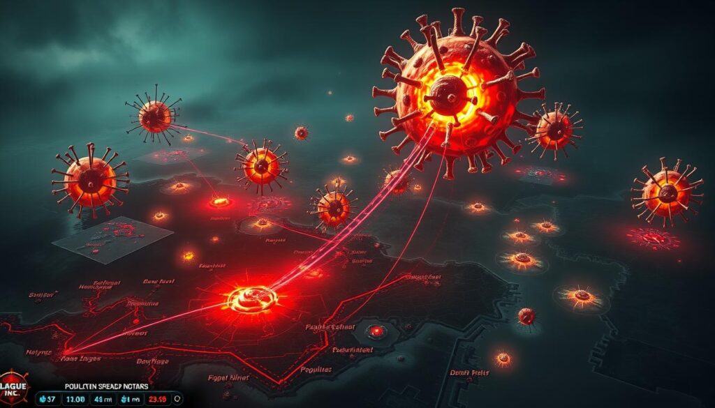 An intricate and ominous simulation of a contagious disease outbreak, showcasing the sinister mechanics of the "Plague Inc." mobile game. Set against a grim, foreboding backdrop, the image depicts the rapid spread of a virulent pathogen, represented by intricate molecular structures and glowing disease vectors. The foreground features a detailed, interactive map interface, hinting at the strategic gameplay, while the middle ground showcases the progression of the outbreak, with pulsing infection zones and population centers under duress. The background sets the tone with an atmospheric, low-key lighting scheme, emphasizing the sense of impending doom and the high stakes involved in this virtual pandemic scenario.