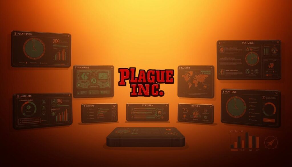 Detailed digital illustration of Plague Inc. premium features. Centered composition with a sharp focus on a series of visually striking game interface elements. Warm, inviting lighting with soft shadows. Muted, earthy color palette to convey the strategic, analytical nature of the game. Sleek, minimalist layout with clean lines and geometric shapes. Subtle depth of field to draw the viewer's attention to the key features. Technical, high-resolution details across the UI components, menus, and infographics. An authoritative, polished aesthetic that reflects the premium quality of the game's offerings.